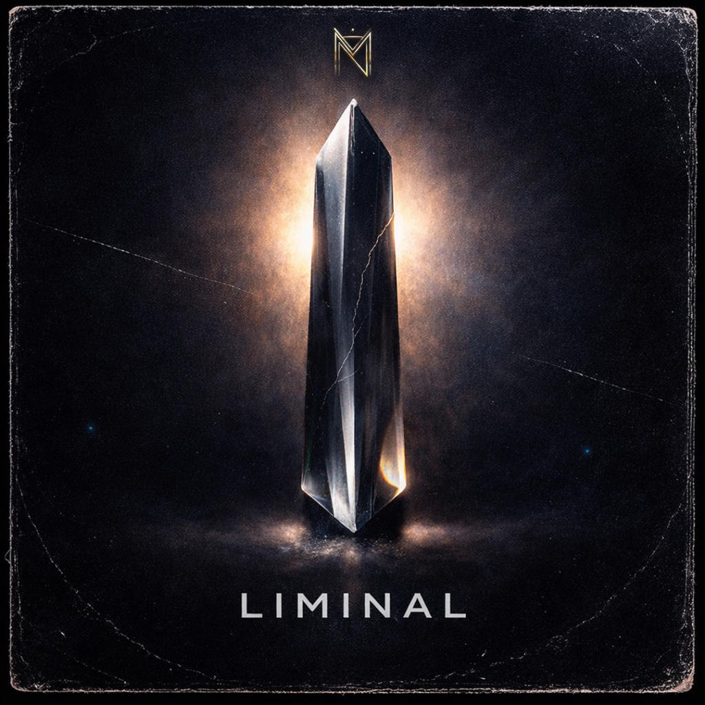 Pochette de l'album LIMINAL par l'artiste A-MIN, présentant un monolithe de cristal sombre et poli au centre, rétroéclairé par une lueur ambrée cinématographique sur un fond noir texturé avec des effets d'usure vintage.