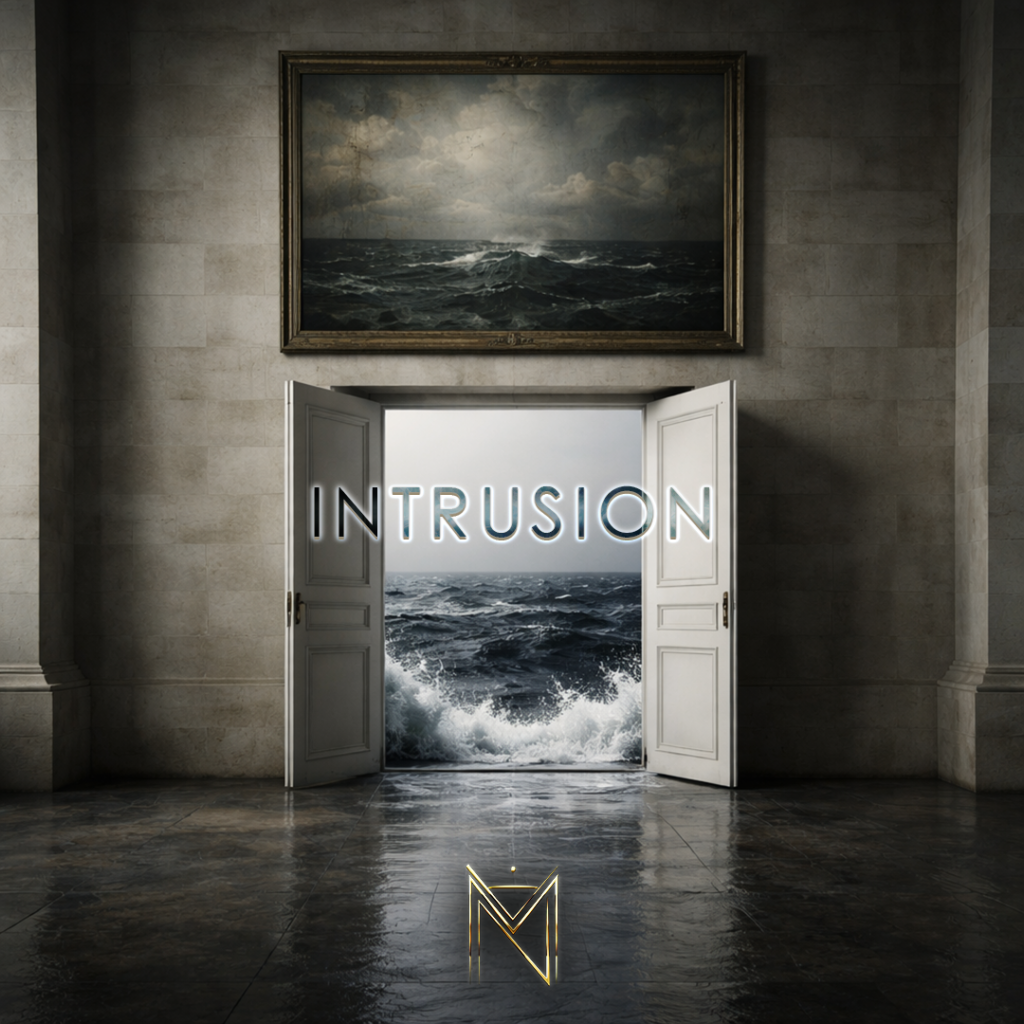 Pochette officielle du morceau INTRUSION de l’artiste A-MIN représentant une grande pièce en pierre de style néoclassique avec un sol sombre et luisant. Au centre, de grandes portes blanches s'ouvrent sur un océan déchaîné aux vagues sombres et à l'écume blanche. Au-dessus de la porte est suspendu un grand tableau d'art classique illustrant une mer agitée sous un ciel nuageux.