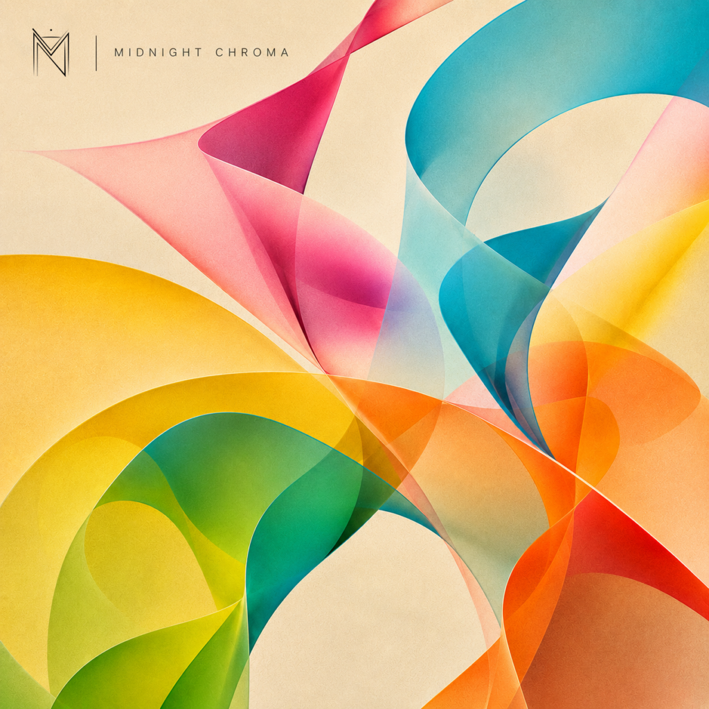 Pochette officielle du single Midnight Chroma par le producteur marocain A-MIN, présentant des rubans fluides et translucides multicolores s'entremêlant sur un fond crème texturé.