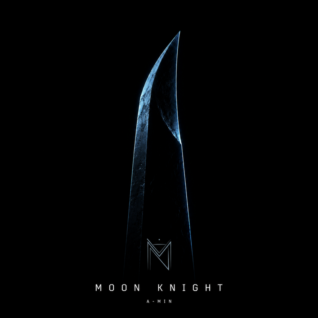 Pochette officielle du titre Moon Knight par le producteur A-MIN. Visuel sombre représentant un monolithe texturé en forme de lame de croissant de lune avec des reflets bleutés sur fond noir.